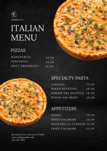 Carta de restaurante especializada en comida italiana con detalles visuales.