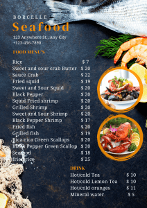 Ejemplo de menú de sushi bar con fotos de rollos y platos japoneses.