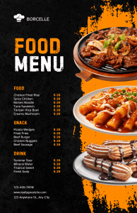 Carta de restaurante con diseño elegante y menú organizado por categorías.