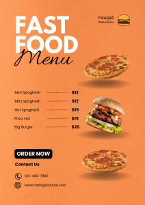 Carta de restaurante para comida rápida con diseño colorido y llamativo.
